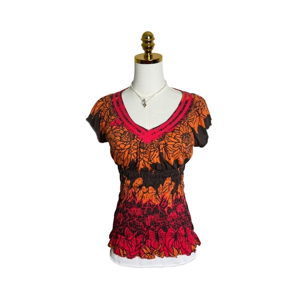 DKNY Jeans Tops - DKNY Jeans Womens Floral Smocked Babydoll Top Orange Pink V-Neck Blouse Size‎ M